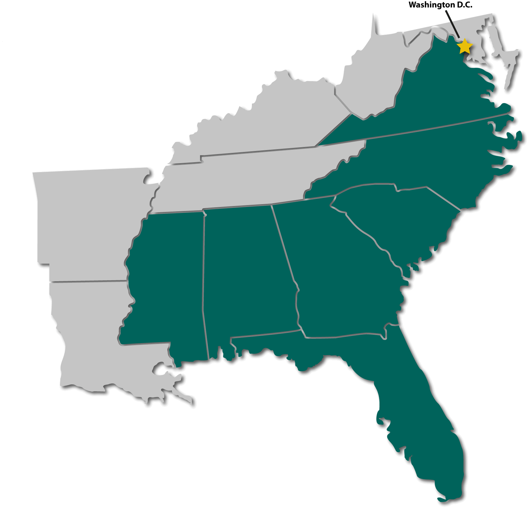 Service locations map illustration with Virginia, Washington D.C., North Carolina, South Carolina, Georgia, Mississippi, Alabama, and Florida highlighted as the service locations.
